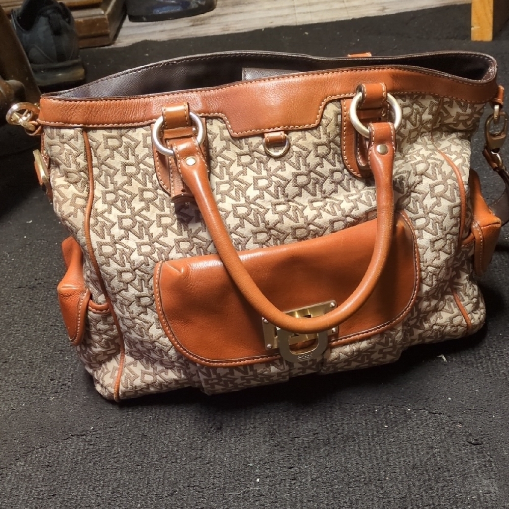 DKNY Brown and Tan Shoulder Bag with Monogram Print